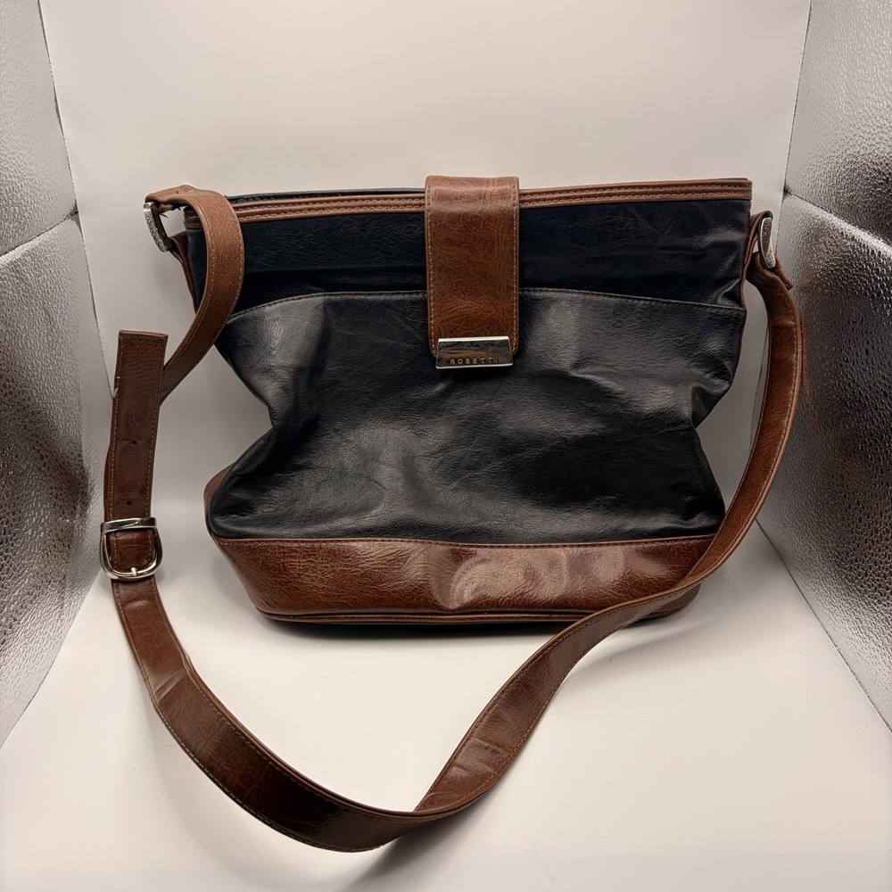 Rosetti Black Brown Vinyl Crossbody Shoulder Bag Adjustable Strap Pockets